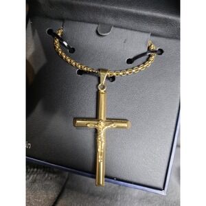 Steeltime Stainless Steel Gold Tone Crucifix Cross Pendant 24" Chain Box